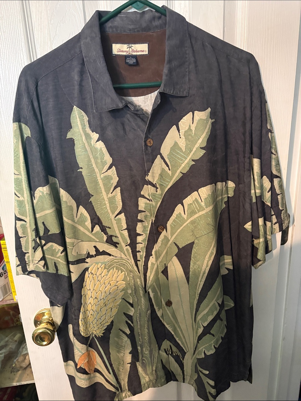 Tommy Bahama Black Button-Down Shirt with Green Palm Print